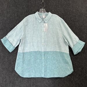 Chicos No Iron Linen Colorblock Shirt Women's 18 Treasured Teal 3/4 Sleeve